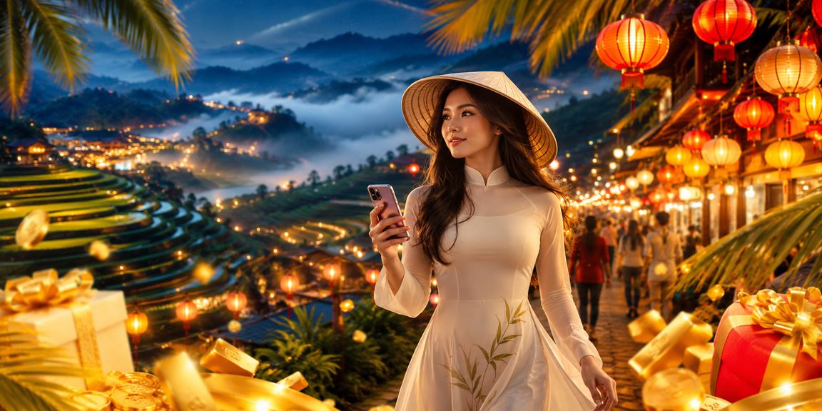 Người dùng tại chợ đêm Sa Pa kiểm tra tiền thưởng và chơi casino trên điện thoại di động